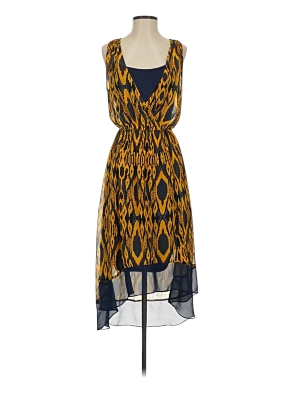 Princess Vera Wang Sleeveless Yellow and Navy Printed High-Low Dress Sz S